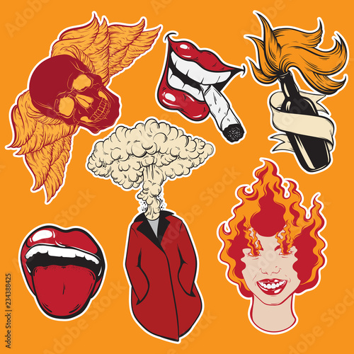 Vector hand drawn collection of pins and fashion badges. Template for card, poster, banner, print for t-shirt, logotype.