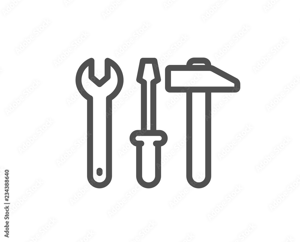 Spanner, hammer and screwdriver line icon. Repair service sign. Fix instruments symbol. Quality design flat app element. Editable stroke Spanner tool icon. Vector Spanner, hammer and screwdriver line icon. Repair service sign. Fix instruments symbol. Quality design flat app element. Editable stroke Spanner tool icon. Vector