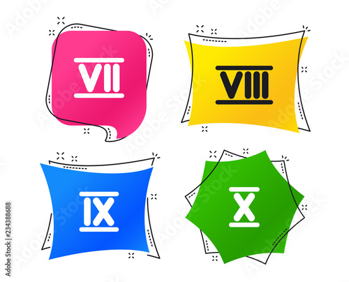 Roman numeral icons. 7, 8, 9 and 10 digit characters. Ancient Rome numeric system. Geometric colorful tags. Banners with flat icons. Trendy design. Vector