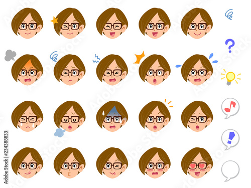 眼鏡をかけた女性の20種類の表情　会社員　キャリアウーマン　秘書
