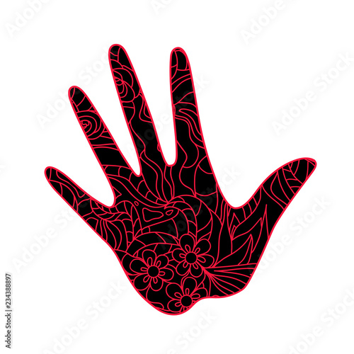 Hand on white. Abstract patterns on isolation background. Design for spiritual relaxation for adults. Zen art. Doodle for banners, posters, t-shirts and textiles