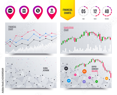 Financial planning charts. Sale speech bubble icon. Discount star symbol. Big sale shopping bag sign. First month free medal. Cryptocurrency stock market graphs icons. Trendy design. Vector