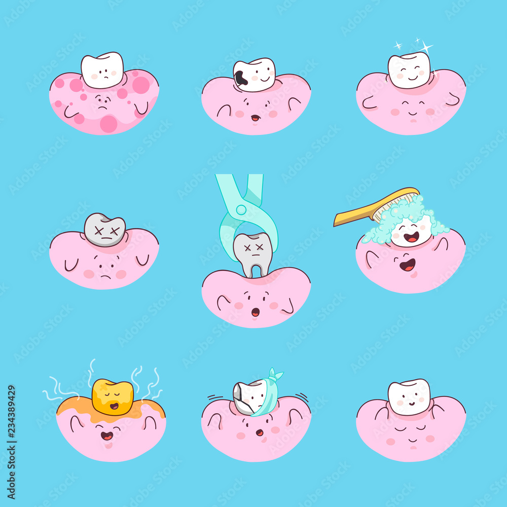 Happy teeth with gums set. Cute tooth characters. Dental personage vector illustration. Oral hygiene, teeth cleaning. 