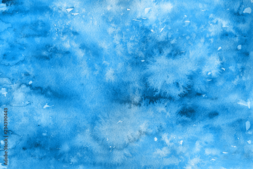 Colorful winter blue ink and watercolor textures on white paper background. Paint leaks and ombre effects. Hand painted abstract image.