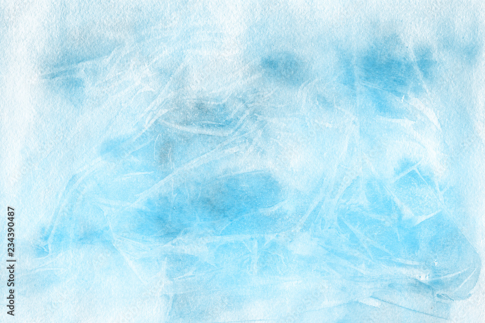 Colorful winter blue ink and watercolor textures on white paper background. Paint leaks and ombre effects. Hand painted abstract image.