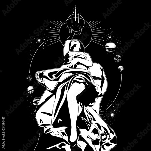 Vector hand drawn illustration of lying woman isolated. Tattoo artwork in realistic style with planets. Template for card, poster, banner, print for t-shirt, label.