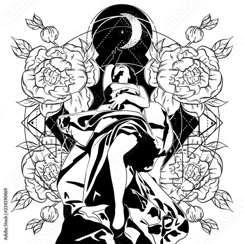 Vector hand drawn illustration of lying woman with peonies and moon isolated. Tattoo artwork in realistic style. Template for card, poster, banner, print for t-shirt, label.