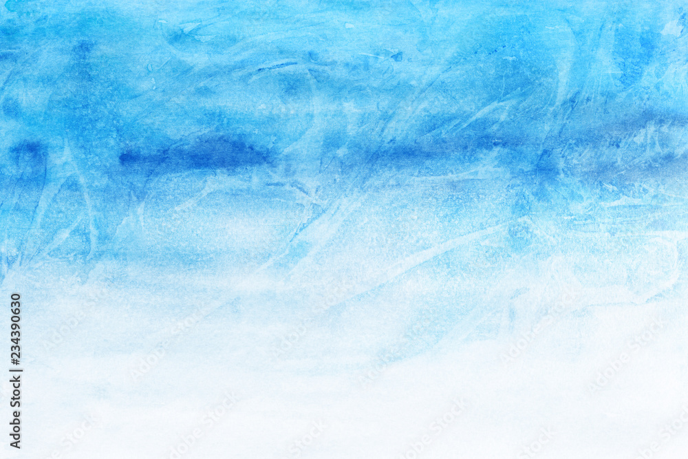 Colorful winter blue ink and watercolor textures on white paper background. Paint leaks and ombre effects. Hand painted abstract image.