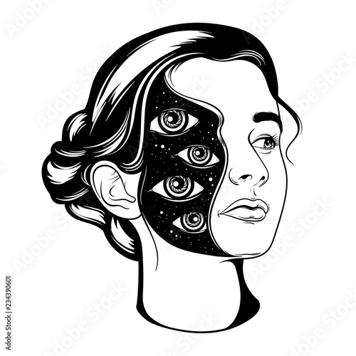 Vector hand drawn surrealistic  illustration of pretty girl . Tattoo artwork.  Template for card, poster, banner, print for t-shirt, badge and pin.
