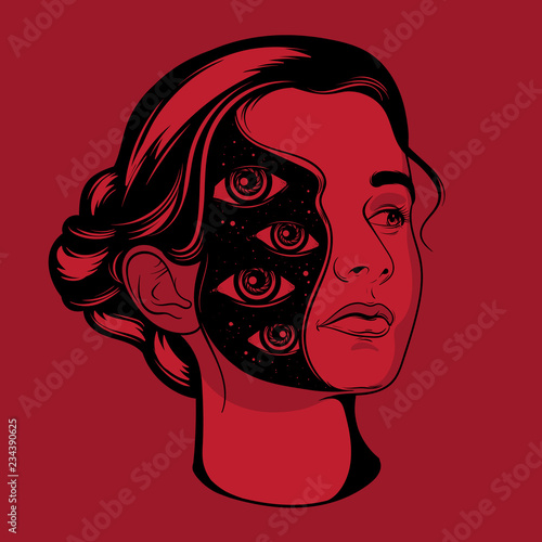 Vector hand drawn surrealistic  illustration of pretty girl . Tattoo artwork.  Template for card, poster, banner, print for t-shirt, badge and pin.