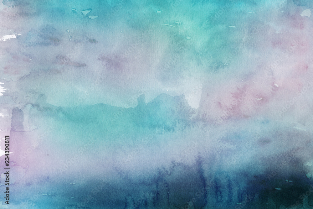Fototapeta premium Colorful winter blue ink and watercolor textures on white paper background. Paint leaks and ombre effects. Hand painted abstract image.