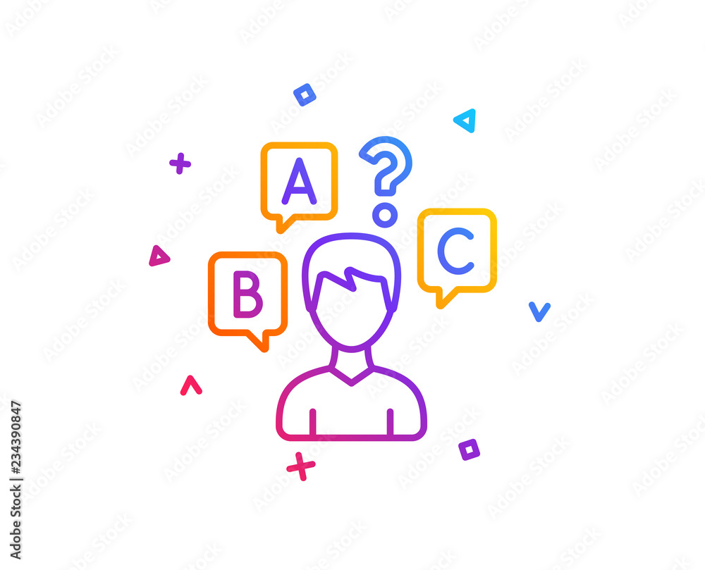 Quiz test line icon. Select answer sign. Business interview symbol. Gradient line button. Quiz test icon design. Colorful geometric shapes. Vector Quiz test line icon. Select answer sign. Business interview symbol. Gradient line button. Quiz test icon design. Colorful geometric shapes. Vector