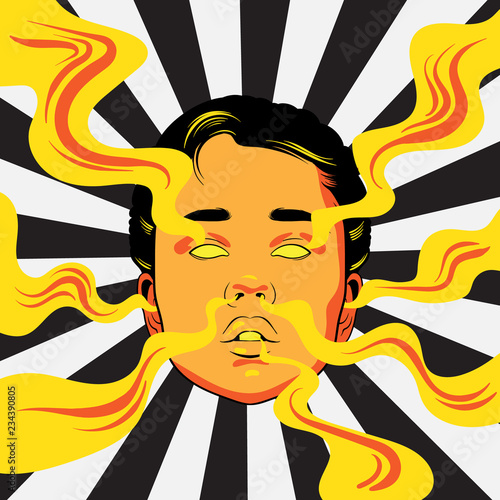 Vector hand drawn illustration of girl with smoke from ears, eyes, nose, mouth. Template for card, poster, banner, print for t-shirt.