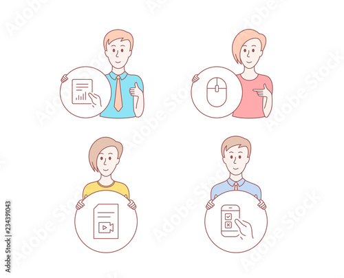 People hand drawn style. Set of Computer mouse, Video file and Document icons. Mobile survey sign. Pc equipment, Vlog page, File with diagram. Phone quiz test.  Character hold circle button. Vector