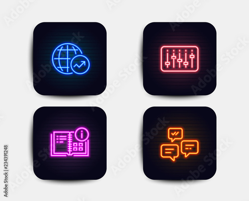 Neon set of World statistics, Dj controller and Instruction info icons. Chat messages sign. Global report, Musical device, Project. Communication. Neon icons. Glowing light banners