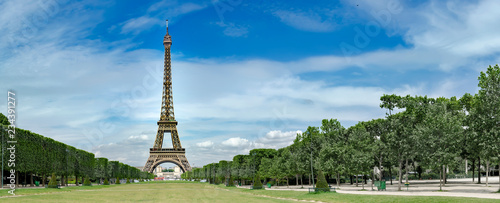 Eiffel Tower, iconic Paris landmark with vibrant blue sky, no people commercial background, panoramic view © zefart