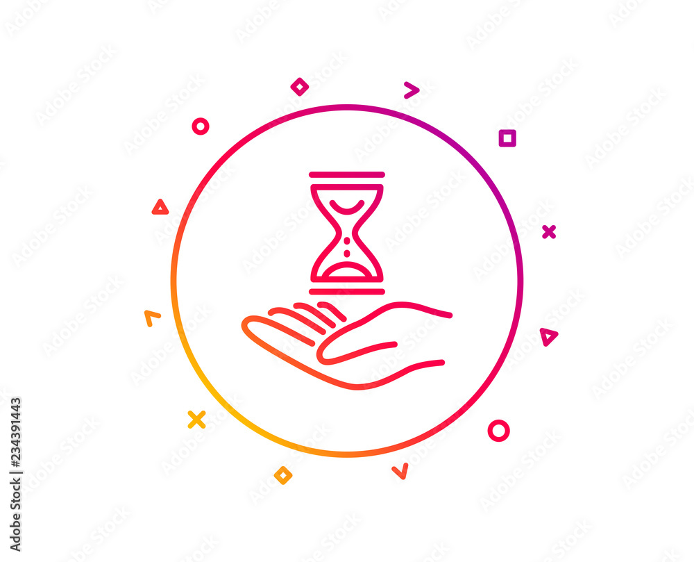 Time hourglass in hand line icon. Sand watch sign. Gradient pattern line button. Time hourglass icon design. Geometric shapes. Vector Time hourglass in hand line icon. Sand watch sign. Gradient pattern line button. Time hourglass icon design. Geometric shapes. Vector