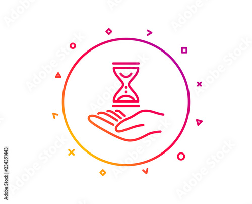 Time hourglass in hand line icon. Sand watch sign. Gradient pattern line button. Time hourglass icon design. Geometric shapes. Vector