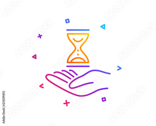 Time hourglass in hand line icon. Sand watch sign. Gradient line button. Time hourglass icon design. Colorful geometric shapes. Vector