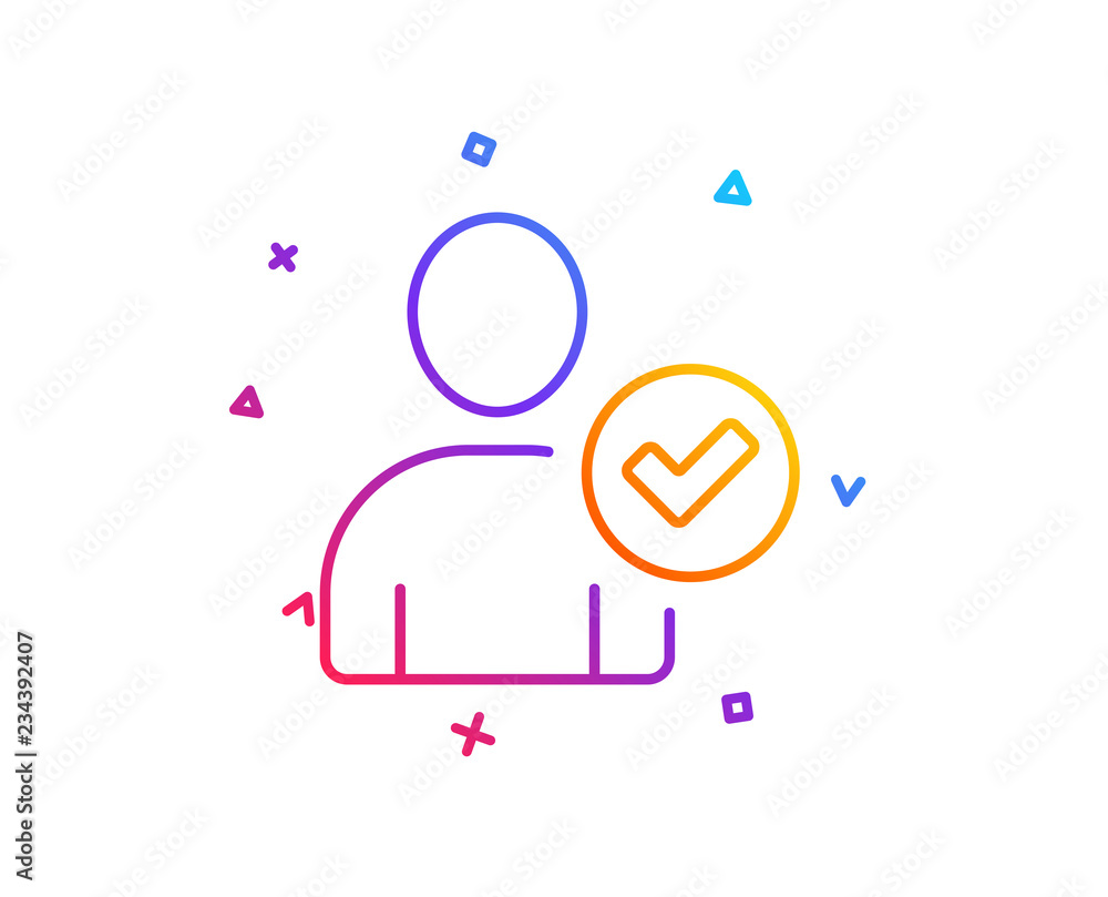 Checked User line icon. Profile Avatar with Tick sign. Person silhouette symbol. Gradient line button. Identity confirmed icon design. Colorful geometric shapes. Vector