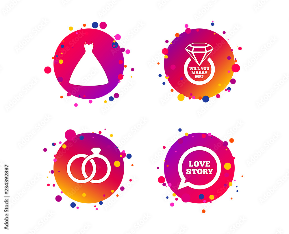 Wedding dress icon. Bride and groom rings symbol. Wedding or engagement day ring with diamond sign. Will you marry me? Gradient circle buttons with icons. Random dots design. Vector Wedding dress icon. Bride and groom rings symbol. Wedding or engagement day ring with diamond sign. Will you marry me? Gradient circle buttons with icons. Random dots design. Vector