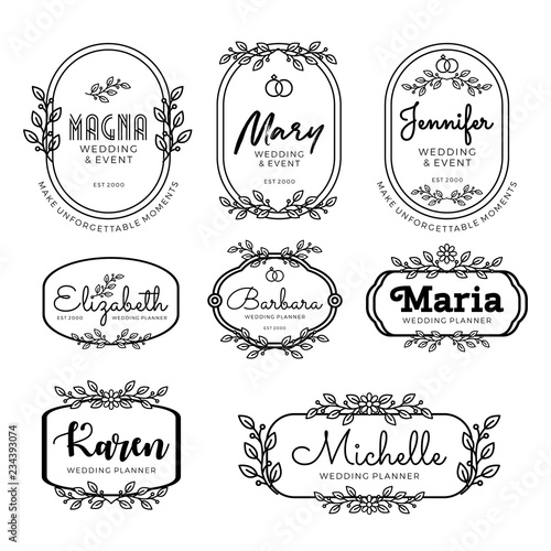 Badges logo template for wedding planner in line art style