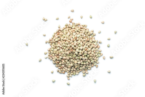 Pile of organic buckwheat isolated on a white background, Top view.