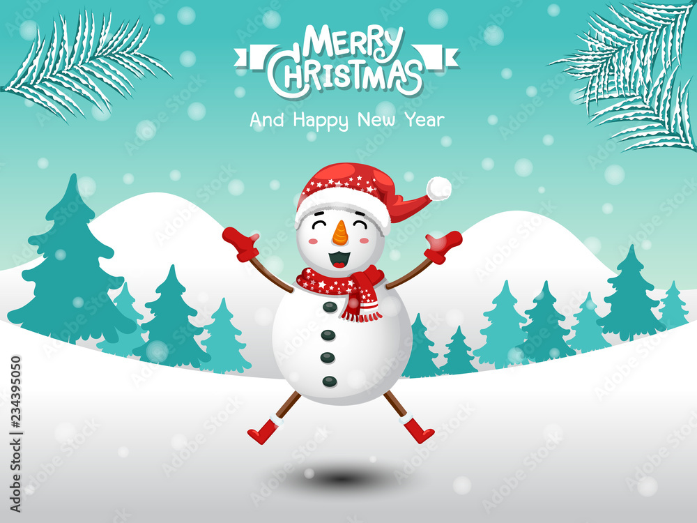 Merry Christmas. Funny Snowman in Christmas snow scene winter landscape. decorative element on holiday. Vector illustration.