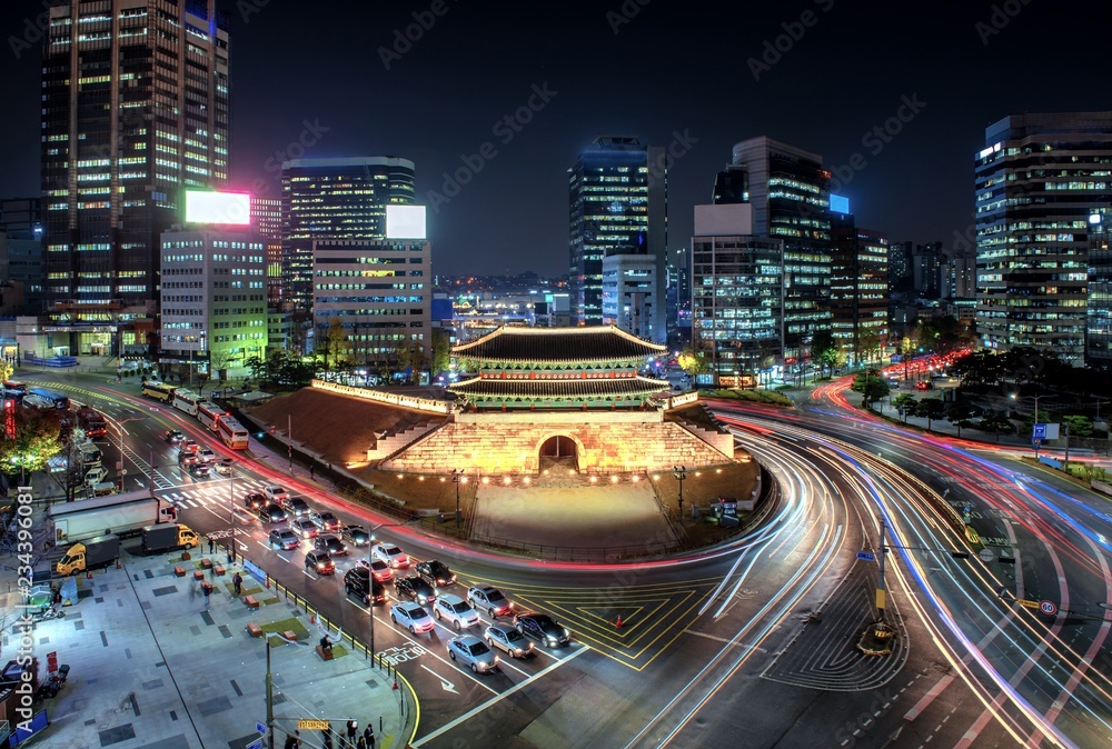 View of downtown at namdaemun gate in seoul south Korea