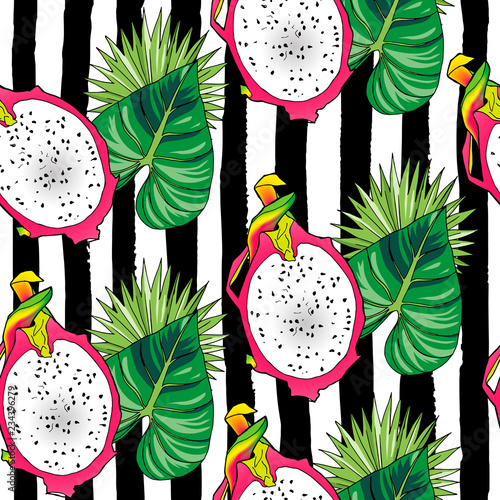 Vector hand drawn abstract tropical seamless pattern of half exotic fruit pitahaya on black strips. Dragon fruit illustration. Bright pitaya desert drawing. Tropical vegeterian food design element