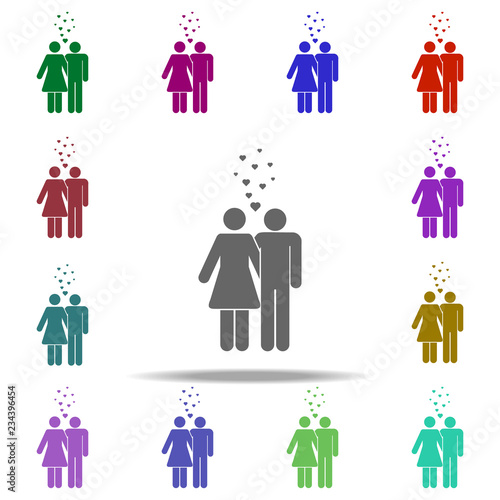 hugging couple and hearts icon. Elements of People in love in multi color style icons. Simple icon for websites, web design, mobile app, info graphics