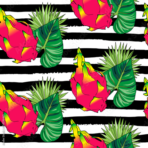 Vector hand drawn abstract tropical seamless pattern of exotic fruit pitahaya on black strips. Dragon fruit illustration. Bright pitaya desert drawing. Tropical vegeterian food design element
