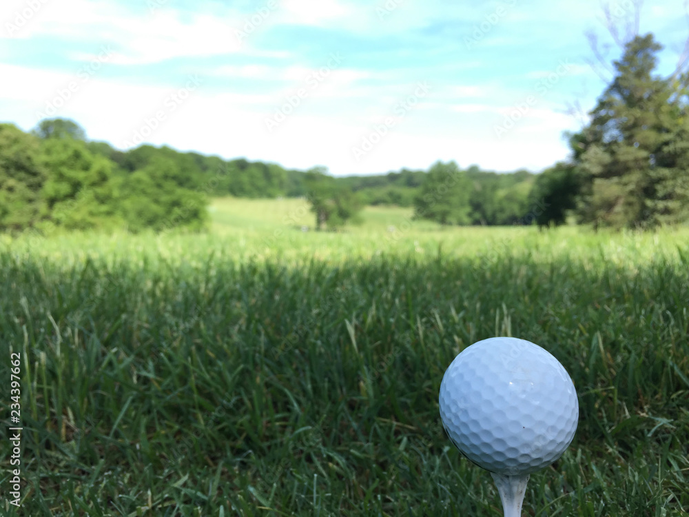 White golf ball sits on a tee ready to be hit by club down the fairway of a beautiful generic golf course on a sunny day