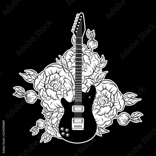 Vector hand drawn illustration of guitar and flowers . Tattoo artwork.  Template for card, poster, banner, print for t-shirt, label.