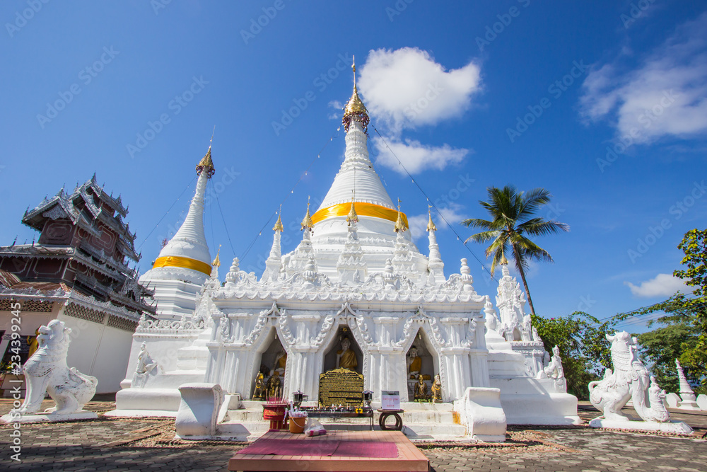 Mae Hong Son province,Northern Thailand on November 19,2017: Burmese style white chedis with beautiful sky at Wat Phra That Doi Kong Mu.