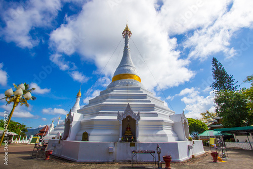 Mae Hong Son province,Northern Thailand on November 19,2017: Burmese style white chedis with beautiful sky at Wat Phra That Doi Kong Mu.