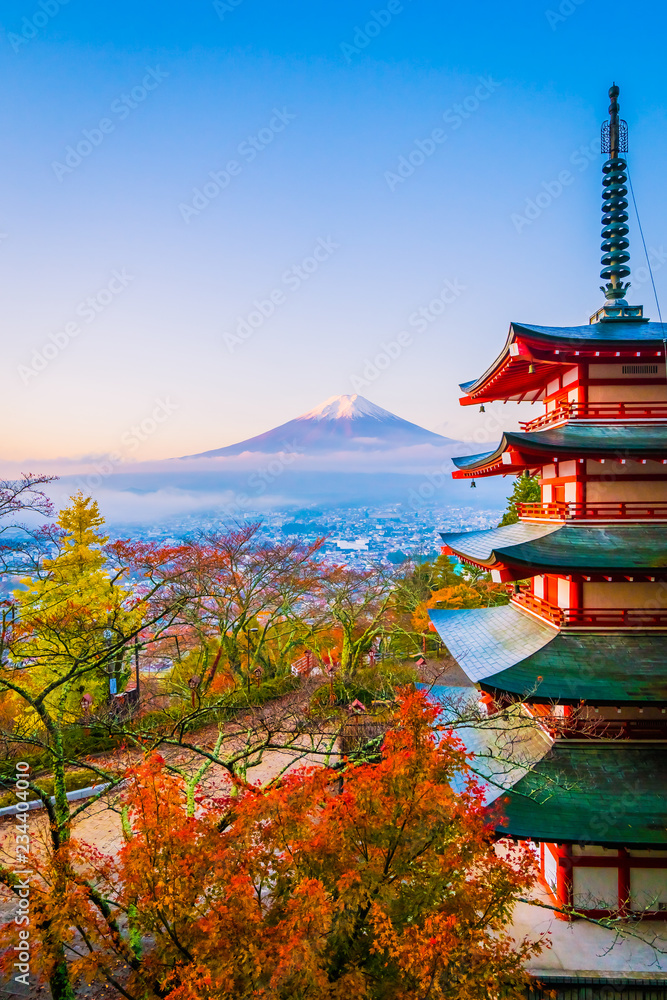 Beautiful landscape of mountain fuji with chureito pagoda around maple leaf tree in autumn season - obrazy, fototapety, plakaty 