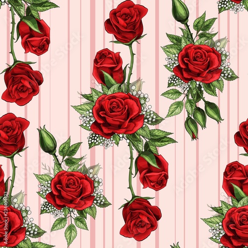 Red rose flower bouquet spreads creeper elements seamless pattern wallpaper