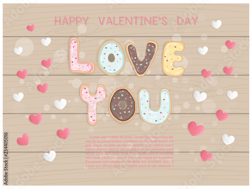 Flat design Valentine's card with cookies text Love you on a wooden table, decorate with pink and white heart. Vector illustration. 