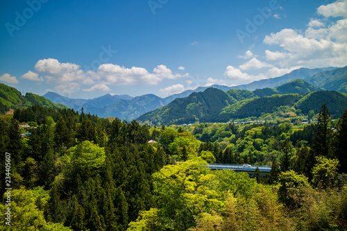 Obraz na plátně A car driving through the green hills and mountains of Chichibu in the summer