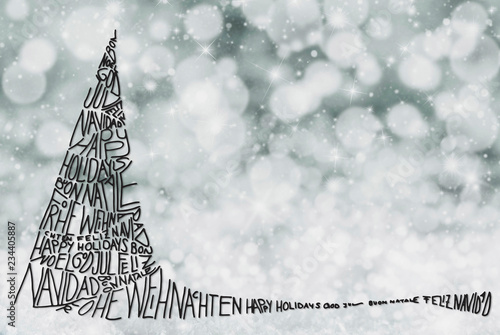 Fototapeta Naklejka Na Ścianę i Meble -  Tree With Merry Christmas In Various Languages, Gray Snow Background