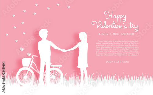 Valentine's day concept in paper cut style with boy and girl holding hands with bicycle on the yard with hearts, sweet pink color background.  Vector illustration.