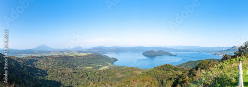 The whole view of Lake Toya. Panoramic image. Hokkaido  Japan