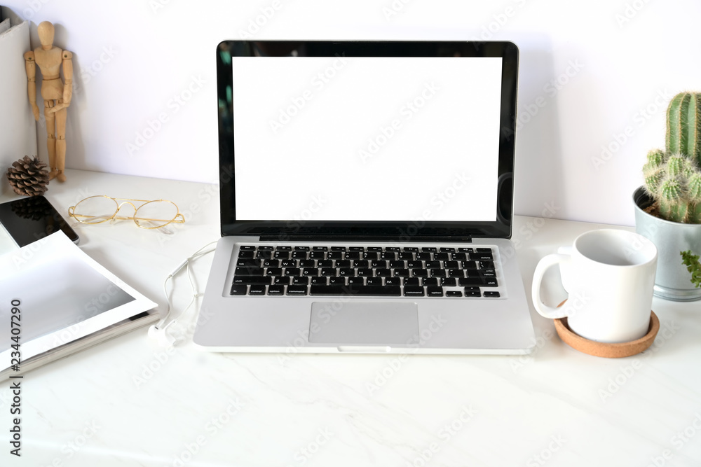 Blank screen laptop in loft studio. Blank screen laptop in loft studio.