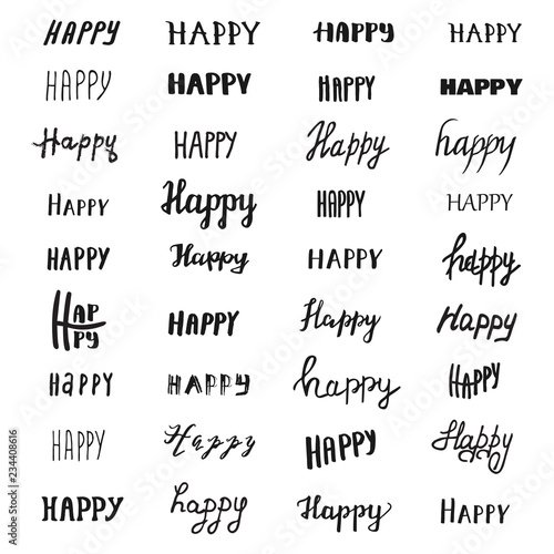 Happy lettering collection. Set of 36 vector hand drawn overlays