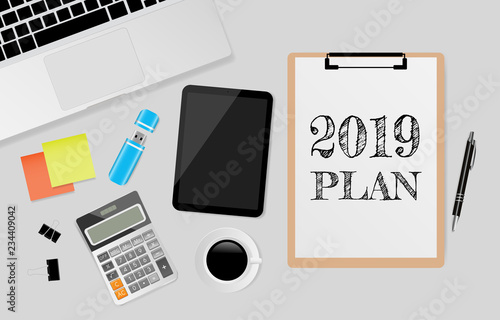 2019 PLAN concept on white paper with office supplies on gray background. Vector illustration