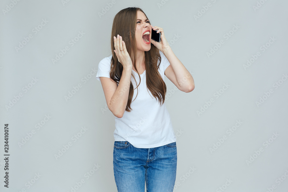 Angry woman shout on phone. Angry woman shout on phone.