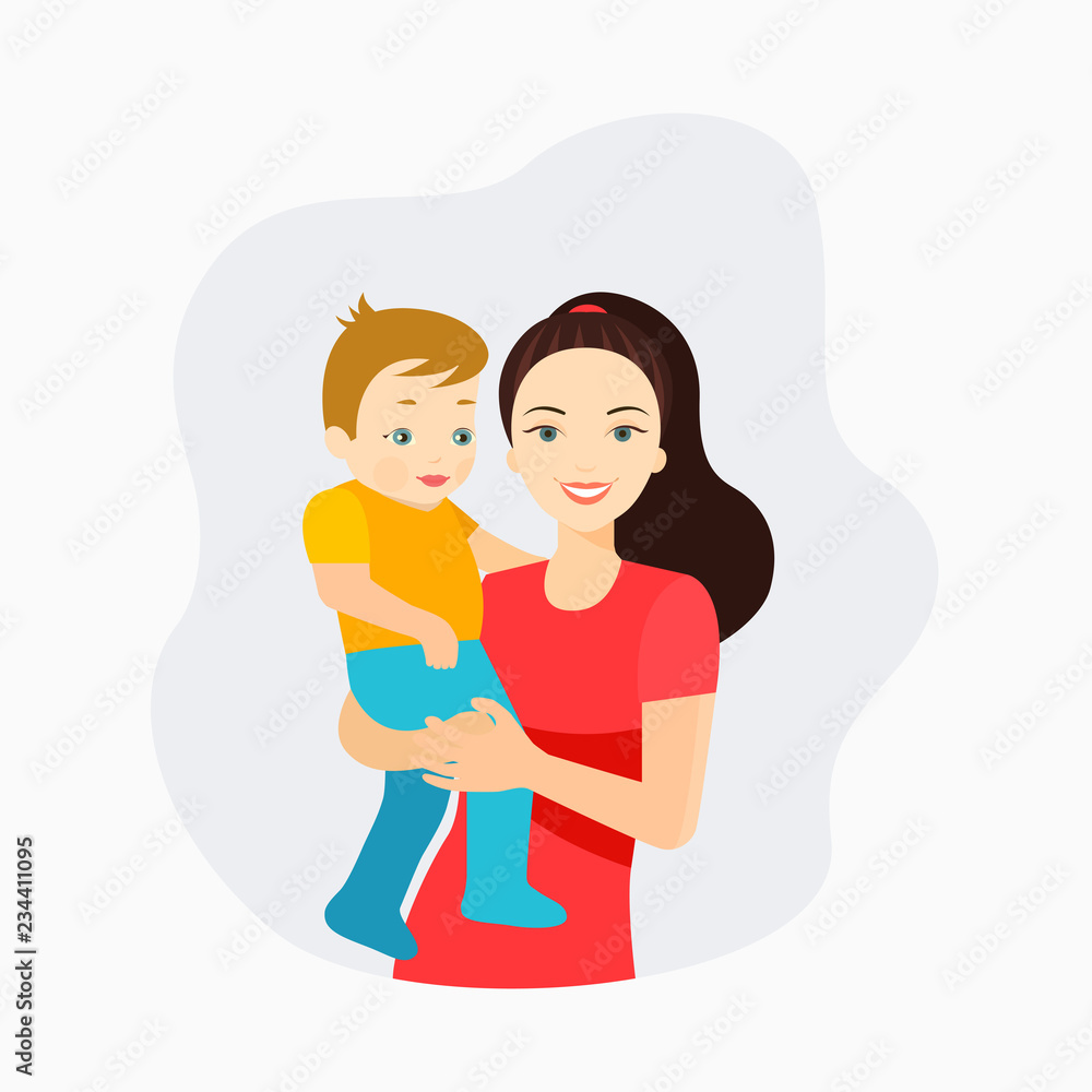 Beautiful young mother with baby. Vector flat style illustration Beautiful young mother with baby. Vector flat style illustration