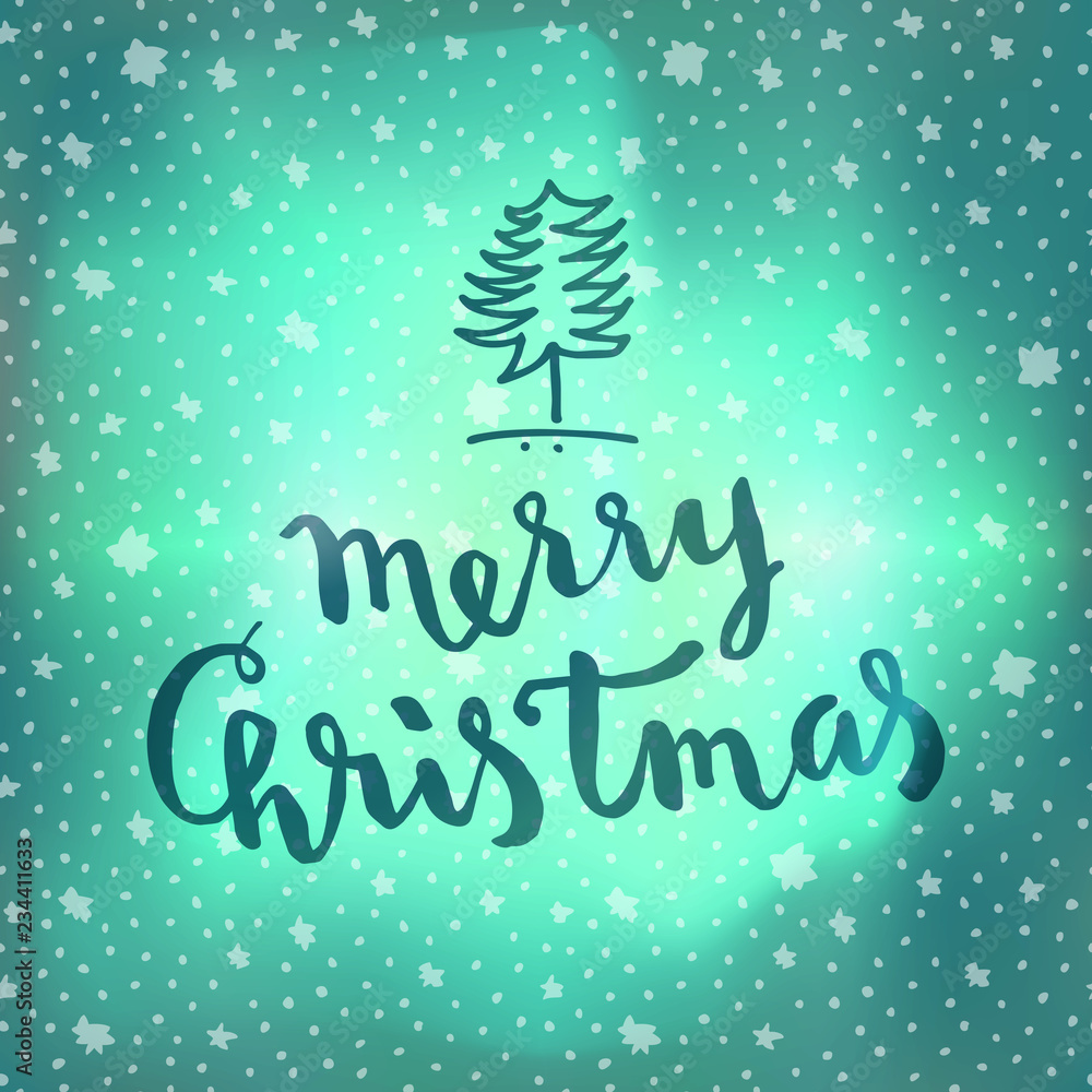 Naklejka premium Merry Christmas quote calligraphic greeting card on winter sky northern lights background with stars
