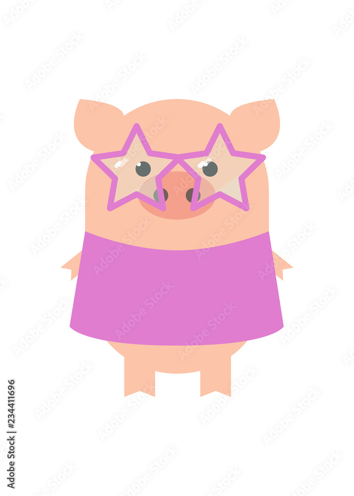Pig Disco. Funny pig girl in a dress for disco. A pig with glasses and a dress. Cartoon, vector